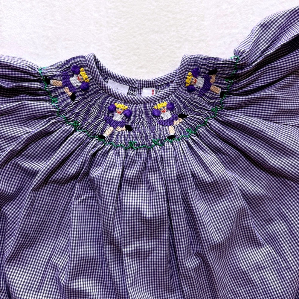 Silly Goose Smocked‎ Dress Kids 6 Purple Gingham Cheerleader Hand Smocked Bishop